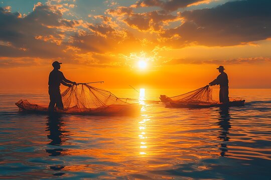 Beautiful sunset above the river over fisherman nets,sun during sunset.