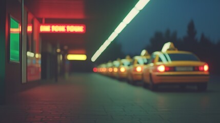 brightly lit taxi stand at night featuring row of glowing yellow taxis ready for passengers