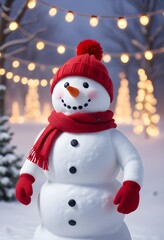 A cute smiling white snowman wearing winter hats and against a snowy
