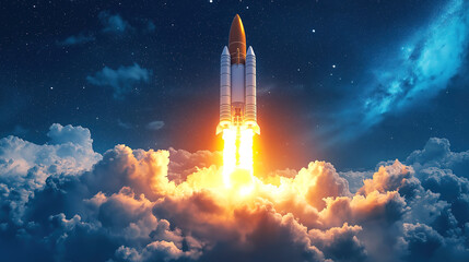 Naklejka premium Orange Missile Launches Amidst Fiery Clouds. A powerful orange missile blasts through a dramatic, fiery cloud of smoke and sparks.