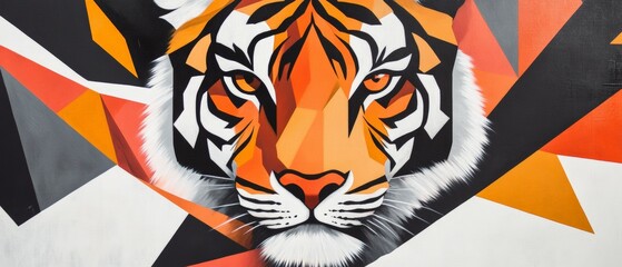Vibrant Geometric Tiger Mural: Bold Orange and Black Art for Animal Lovers and Interior Decor Inspiration