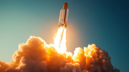 Orange Missile Launches Amidst Fiery Clouds. A powerful orange missile blasts through a dramatic, fiery cloud of smoke and sparks.