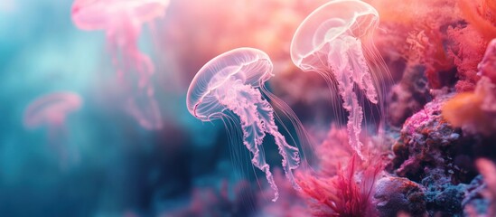 Fototapeta premium Pink jellyfish swimming gracefully in vibrant coral reef.