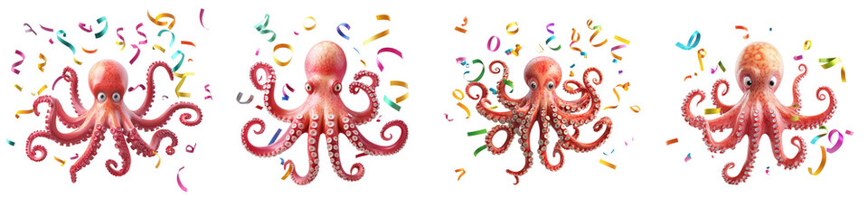 Happy octopuses celebrating with colorful streamers and confetti, isolated on transparent background.