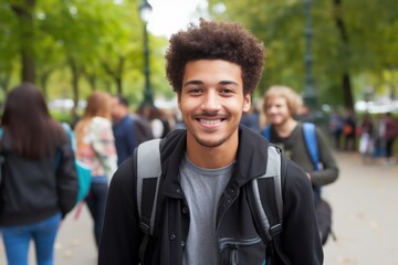 A young man with a backpack is smiling for the camera