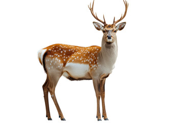 Obraz premium A majestic deer stands gracefully with its antlers raised, showcasing its beautiful coat and unique spotted pattern against a white isolate background.