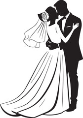 A happy couple celebrates a wedding ceremony marriage vector in silhouette bride and groom.