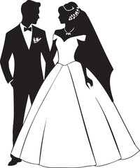 A happy couple celebrates a wedding ceremony marriage vector in silhouette bride and groom.