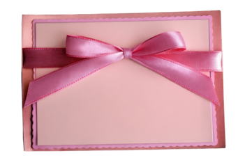 Pink card with satin ribbon bow isolated with transparent background