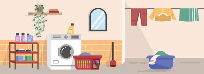 Laundry at home. Washing clothes. Clothesline. Washing machine. Mirror. Dirty clothes basket. Detergent.