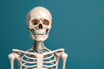 3D Skeleton X-Ray Illustration, detailed view emphasizing skeletal structure, striking visual clarity, ample space for textual overlay.