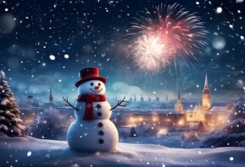 Obraz premium Ein Schneemann im Schnee an Silvester mit Feuerwerk