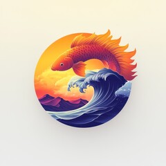 Orange fish leaps over blue wave at sunset.