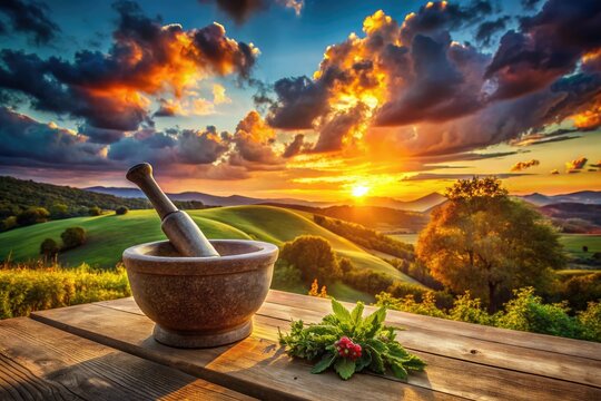 Naklejki Panoramic AI art showcases a mortar and pestle grinding herbs and spices, evoking ancient healing.