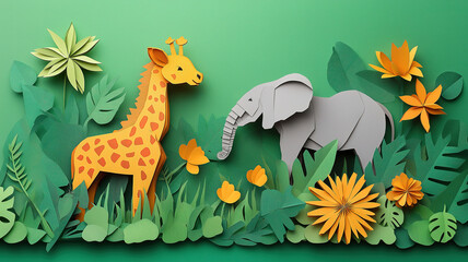 Colorful Paper Cutout Illustration of African Animals in a Lush Jungle. A vibrant paper-cut design depicts a serene African jungle scene at sunset.