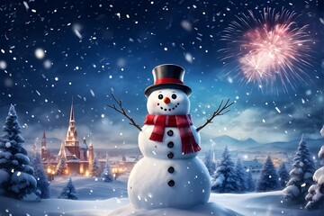 Naklejka premium Ein Schneemann im Schnee an Silvester mit Feuerwerk
