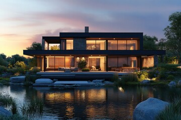 Obraz premium Modern waterfront villa with floor-to-ceiling windows, warm interior lighting, and reflections on a calm lake under a twilight sky