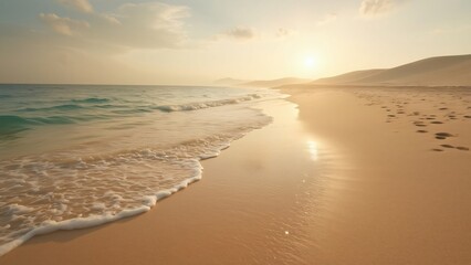 Serene Sunset Beach, Warm Beige Sand, Gentle Waves, and Soft Dunes - Peaceful Coastal Landscape Photography