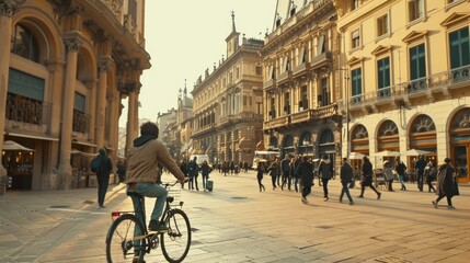 Obraz premium A young person cycling through a bustling city square with people walking and historic buildings, The cyclist fills one-third to one-half of the image
