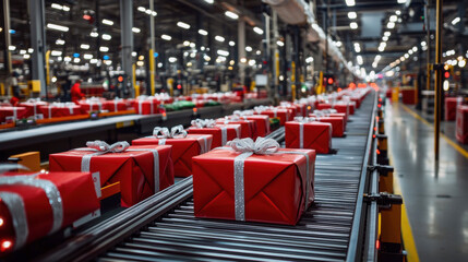 Santa's factory with wrapped Christmas presents on conveyor belt