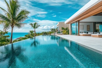 Fototapeta premium Contemporary tropical villa with bright infinity pool, open design, and lush garden under a clear blue sky