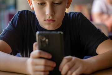 Child, teenager or preteen mobile phone. Mobile addiction, digital dependence concept. Child boy...