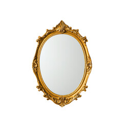 An ornate golden mirror with an intricate frame, featuring an oval shape and decorative details.