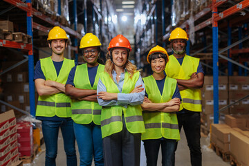 Diverse warehouse team in safety gear