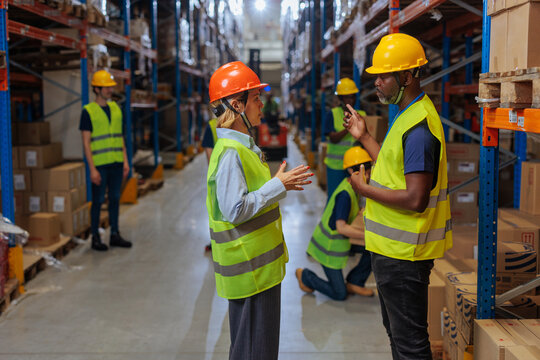 Female warehouse manager talking to one of the workers