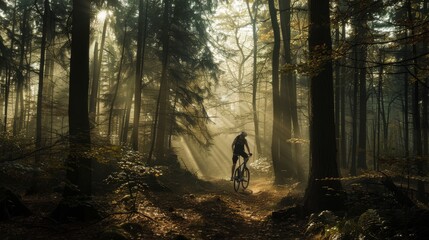 A young person cycling through a dense forest with sunlight streaming through the trees, The cyclist occupies one-third to one-half of the image