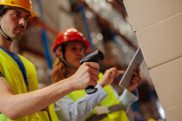 Low angle shot of a warehouse worker scanning the goods