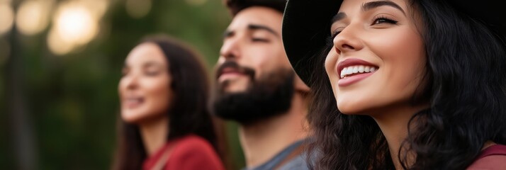 Fototapeta premium A group of happy young adults is enjoying a joyful moment, showing smiles and connection as they enjoy each other's company in a natural setting.