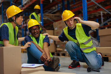 Warehouse worker with Down syndrome on the phone calling for help