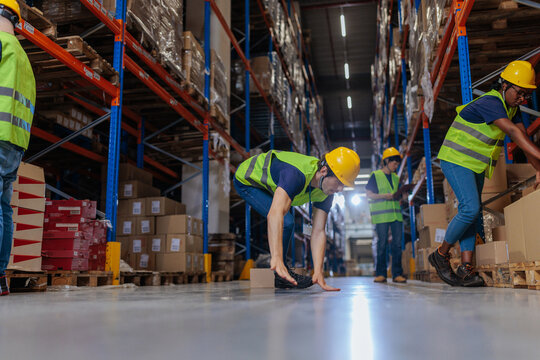 Warehouse worker falling after tripping on a cardboard box - Powered by Adobe