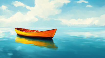 Fototapeta premium Peaceful Orange A serene landscape painting featuring a small, vibrant orange rowboat gently resting on a tranquil turquoise lake.Rowboat on a Calm Turquoise Lake.
