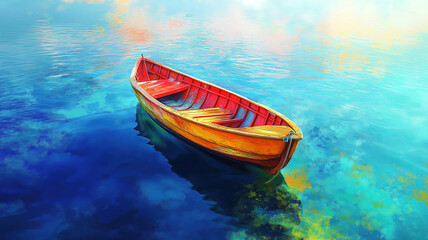Peaceful Orange A serene landscape painting featuring a small, vibrant orange rowboat gently resting on a tranquil turquoise lake.Rowboat on a Calm Turquoise Lake.