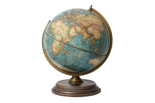 Vintage globe displaying world map with detailed geography and brass stand for educational purposes