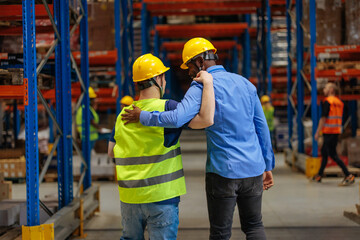 Warehouse workers showing camaraderie