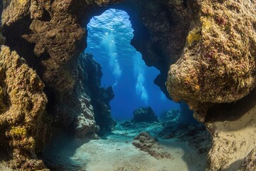 Underwater rock formation with clear blue water.