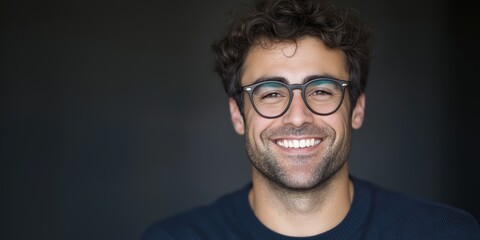 Obraz premium A smiling young man with curly hair and glasses, wearing a casual outfit, radiating positivity and charm, embodying a sense of warmth and approachability in his demeanor.