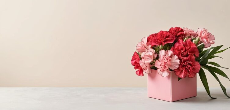 Romantic bouquet of dianthus in a box on a light background. Space for text. Ideal for advertising flower shop delivery, congratulations