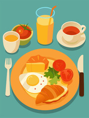 European breakfast with croissant, fried egg, orange juice and tea