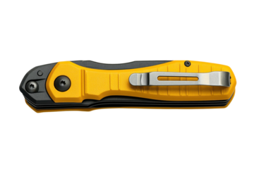 Bright yellow folding knife with rugged design and metal clip for versatile outdoor use