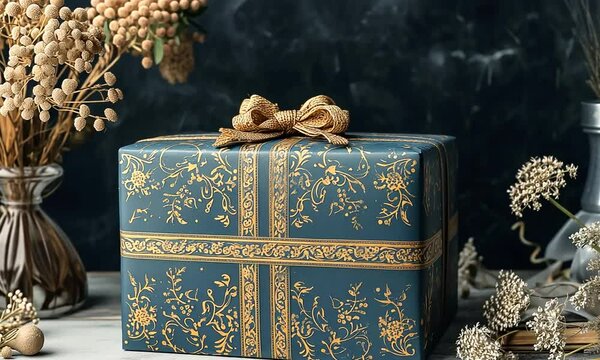 Coffret cadeau &eacute;l&eacute;gant en papier bleu orn&eacute; de motifs dor&eacute;s, nou&eacute; avec un ruban dor&eacute;, d&eacute;corations florales s&eacute;ch&eacute;es en arri&egrave;re-plan, ambiance raffin&eacute;e et festive.