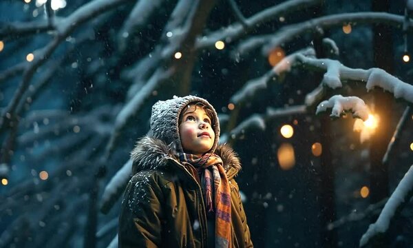 Enfant portant un bonnet et une &eacute;charpe, regardant la neige tomber dans une for&ecirc;t enneig&eacute;e, ambiance magique et hivernale sous les lumi&egrave;res scintillantes.