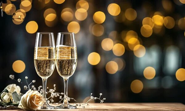 Deux fl&ucirc;tes de champagne sur une table en bois, d&eacute;cor floral blanc, lumi&egrave;re dor&eacute;e et ambiance festive id&eacute;ale pour c&eacute;l&eacute;brations du Nouvel An ou mariages.