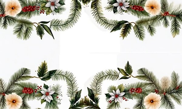 Encadrement floral de No&euml;l avec branches de sapin, fleurs blanches et baies rouges, style &eacute;l&eacute;gant et naturel, fond blanc id&eacute;al pour cartes de v&oelig;ux et d&eacute;corations festives.