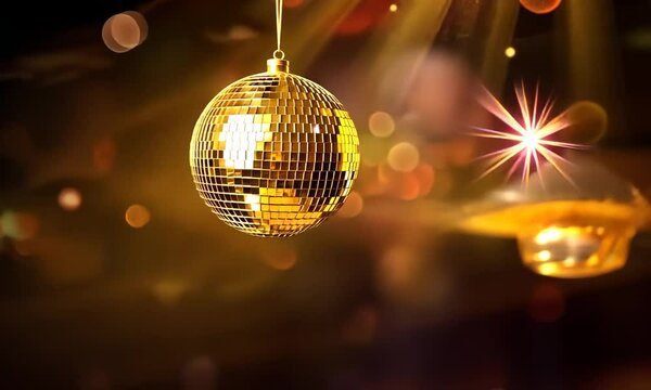 Boule disco dor&eacute;e suspendue, refl&eacute;tant des lumi&egrave;res scintillantes sur fond festif, id&eacute;ale pour c&eacute;l&eacute;brations du nouvel an, f&ecirc;tes dansantes ou soir&eacute;es festives.