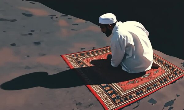 Homme musulman vu de dos priant sur un tapis moment spirituel de l&rsquo;islam en pleine nature, &eacute;l&eacute;vation symbolique et recueillement 
