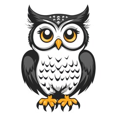 Fototapeta premium Cute cartoon owl with big eyes, perched, isolated on white.